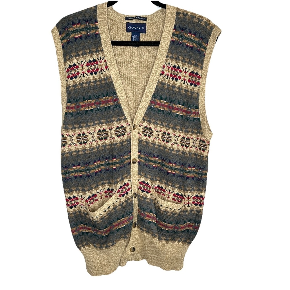 VTG Gant Nordic Fair Isle Grandpa Button Vest Large Preppy Old Money Heritage